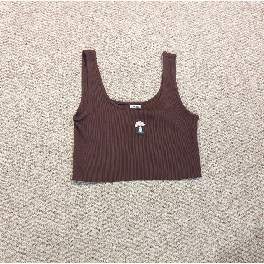 Garage Cropped Tank Top Womens Small Brown Mushroom Embroidered Festival